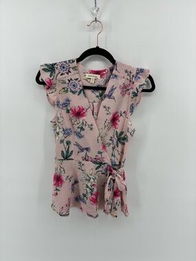 Monteau Pink Floral Wrap Sleeveless Wrap Top Hummingbird Whimsical